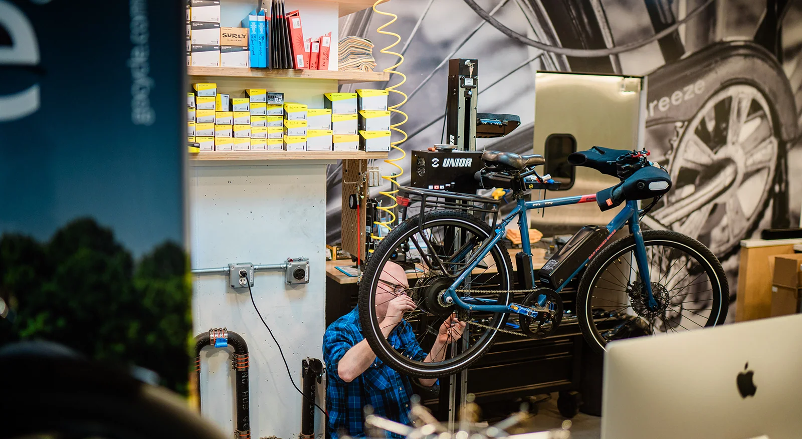 Bicycle repair stand prepared for maintenance and tune-up work